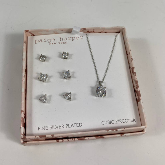 New, Paige Harper New York Silver Plated Earring Necklace Set - Picture 1 of 2